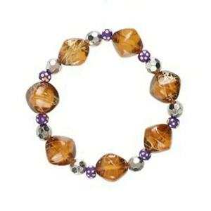 Chunky Drizzled Amber Acrylic and Wood Beads Stretch Beaded Bracelet